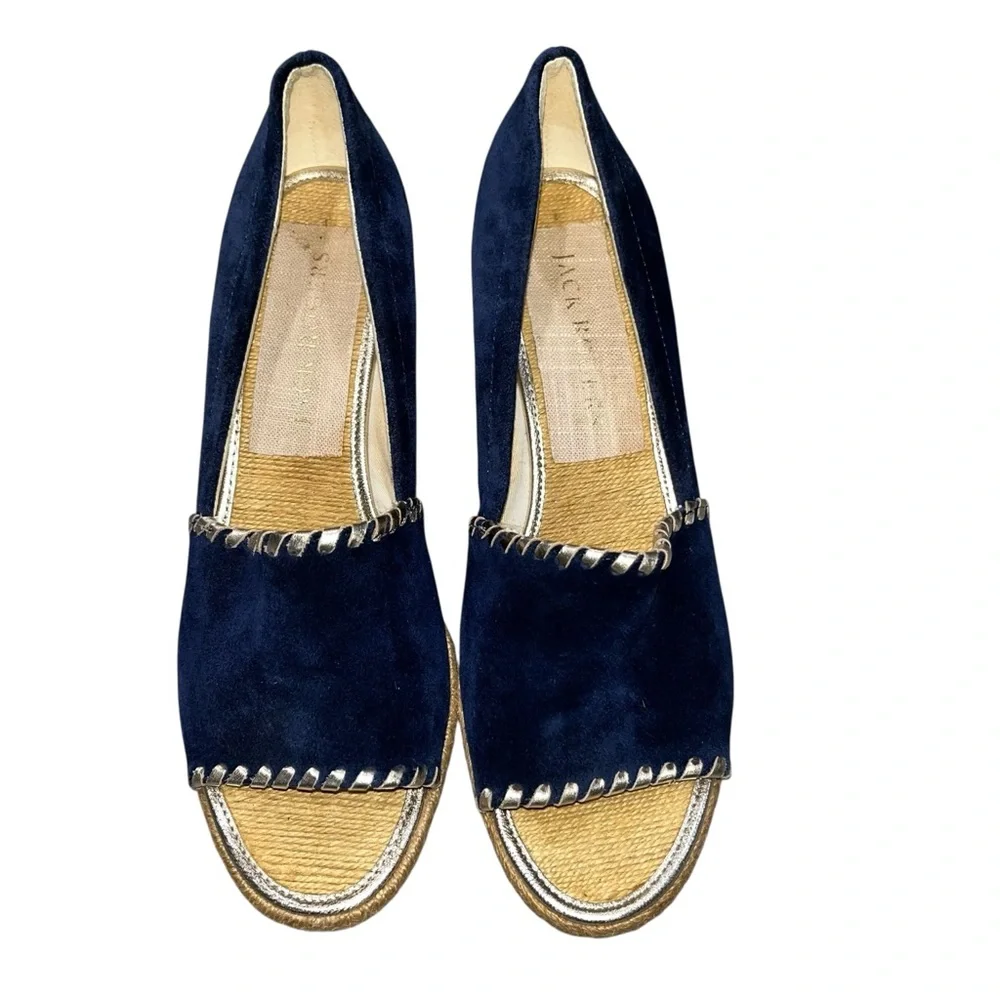 Jack Rogers Blue Suede Palmer Jute Wrapped Wedge Espadrille Peeptoe Shoes 9.5